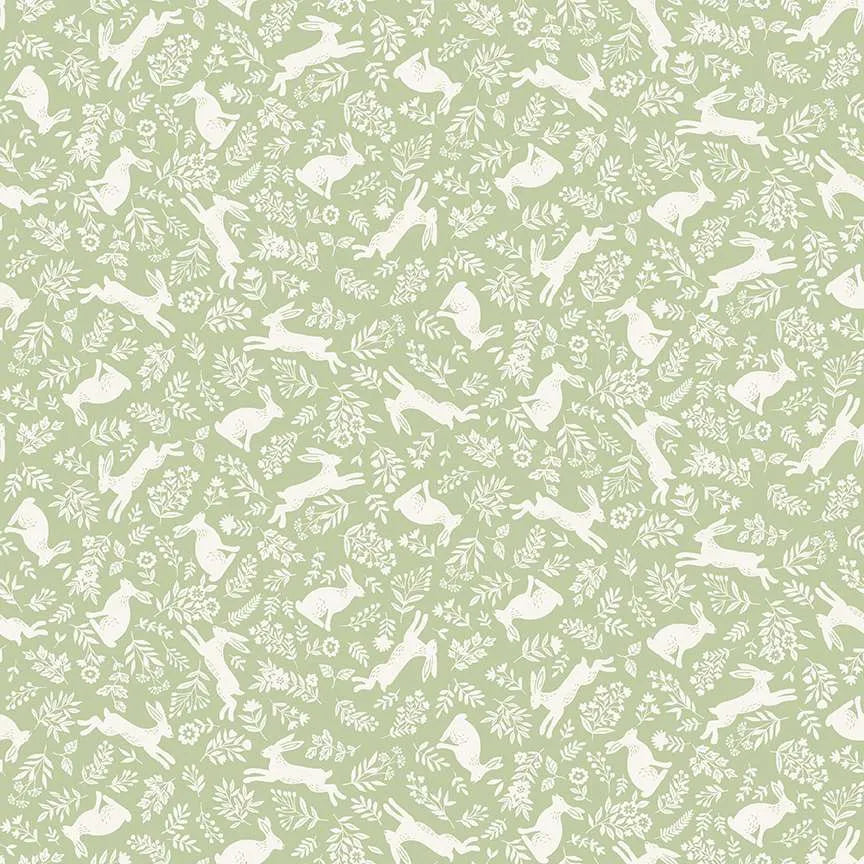 100% Cotton  - Foxwood Bunnies - Green by Makower