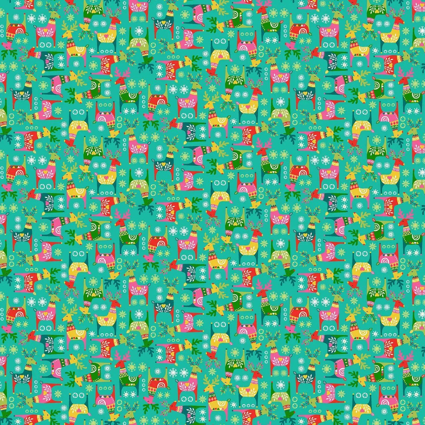 100% Cotton  Bright Rudolph - Teal By Makower