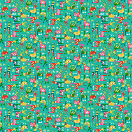 100% Cotton  Bright Rudolph - Teal By Makower