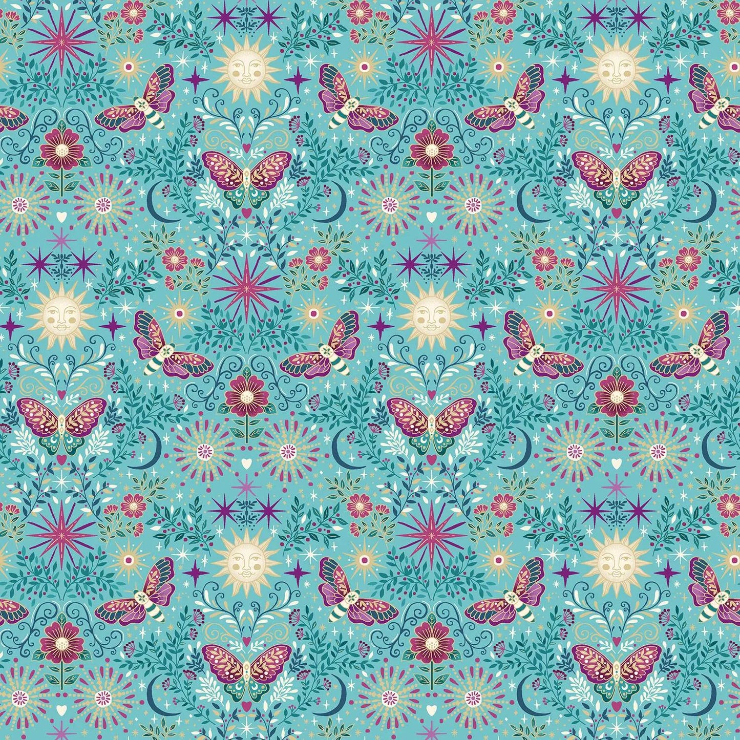 100% Cotton Luna Night Garden - Teal  By Makower