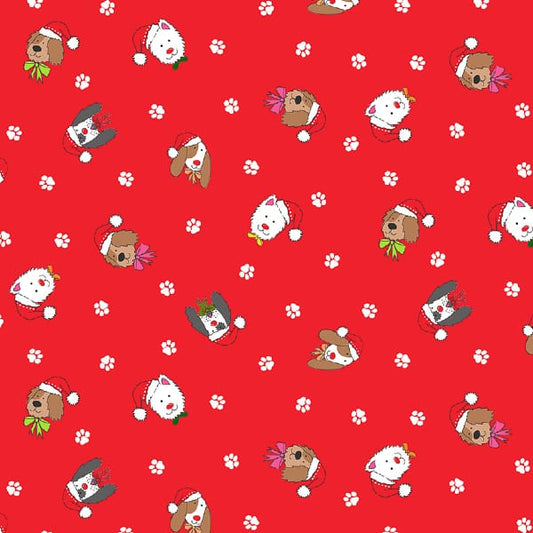 100% Cotton Yappy Christmas  Dog Heads - Red by Makower