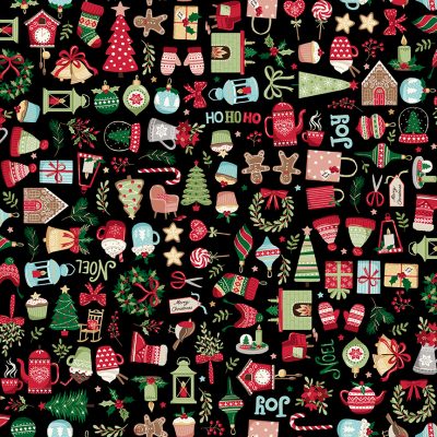 100% Cotton Cosy Christmas - Black By Makower