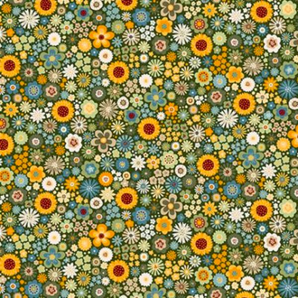 100% Cotton Autumn Days Mini Floral - Green By Makower