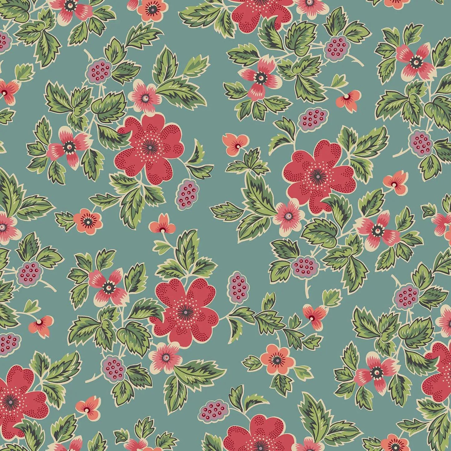 100% Cotton Rambling Rose - Teal By Makower