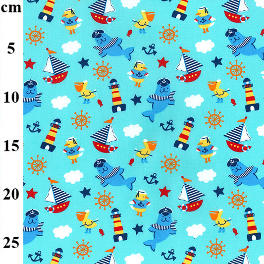 100% Cotton Poplin Seaside Seal Print - Sky