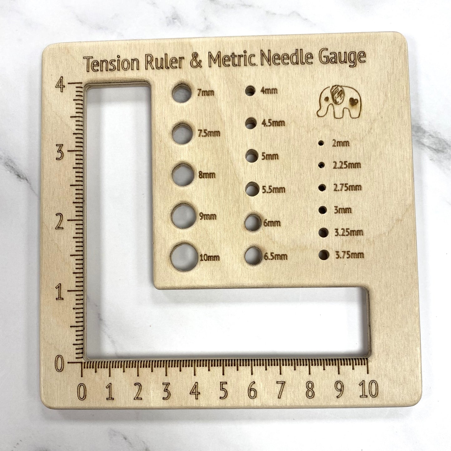 Knitting Pin Tension ruler and Metric Needle Gauge Wood