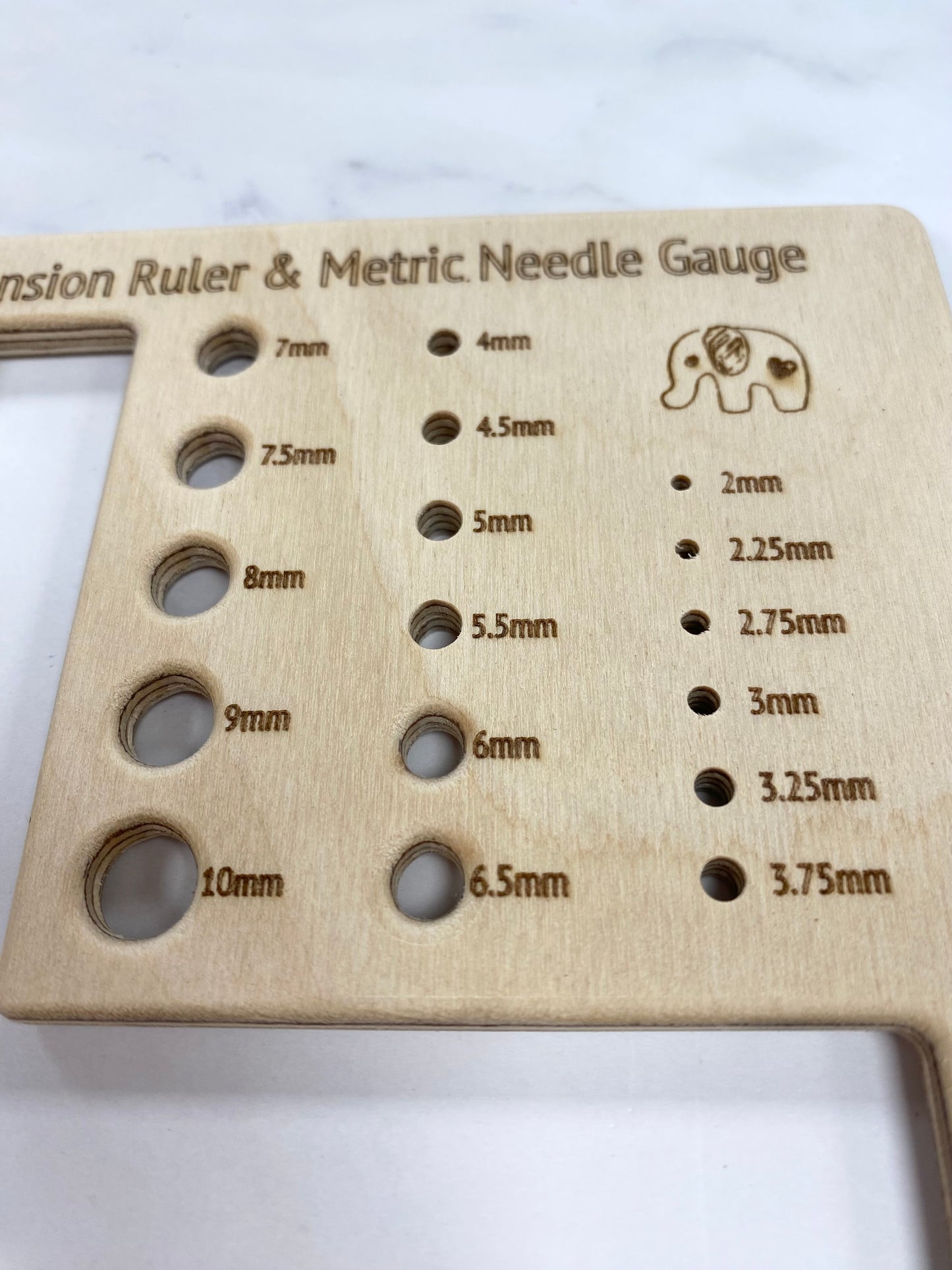 Knitting Pin Tension ruler and Metric Needle Gauge Wood