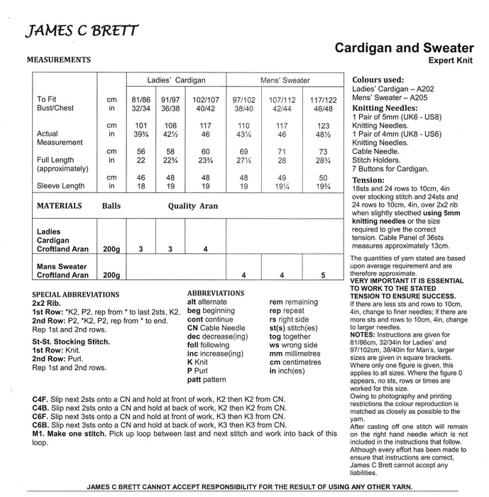 James C Brett Knitting Pattern JB853 Aran