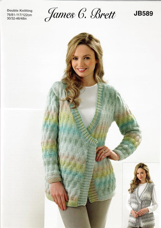 James C Brett JB589 Ladies Wrap Cardigan and Waistcoat Double Knitting