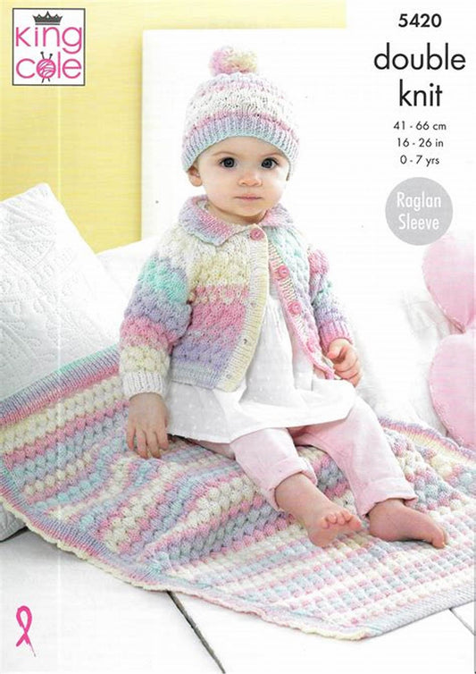 King Cole 5420 Childrens/Baby  Blanket ,Cardigan and Hat Double Knitting