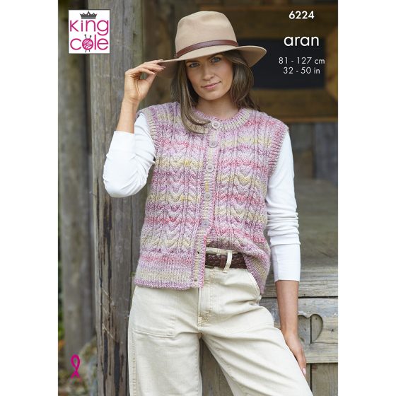 King Cole Knitting Pattern 6224 Ladies Round Neck and V Neck Waistcoat - Aran