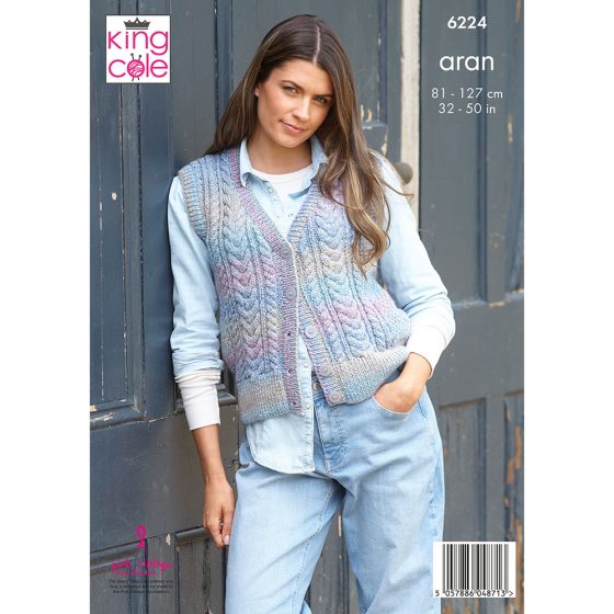 King Cole Knitting Pattern 6224 Ladies Round Neck and V Neck Waistcoat - Aran