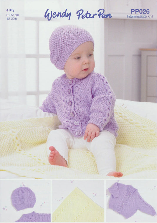 Wendy Peter Pan Baby Cardigan, Hat and Blanket 4Ply