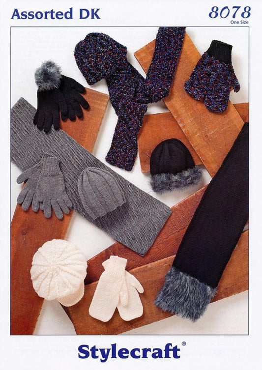 Stylecraft 8078  A variety of hat, scarf, glove and mitten patterns suitable to knit in any DK yarn.- Double Knitting