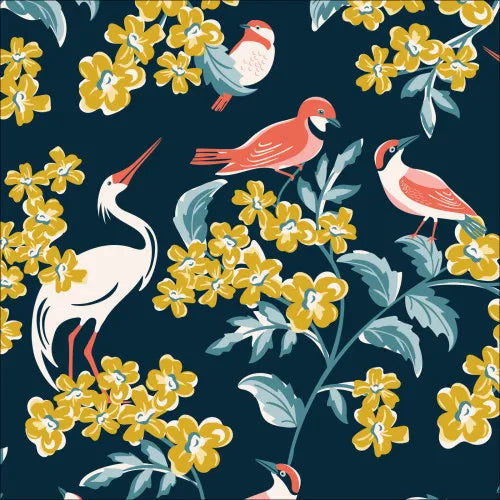 100% Cotton Bird Watching from Flower Garden by Hang Tight Studio