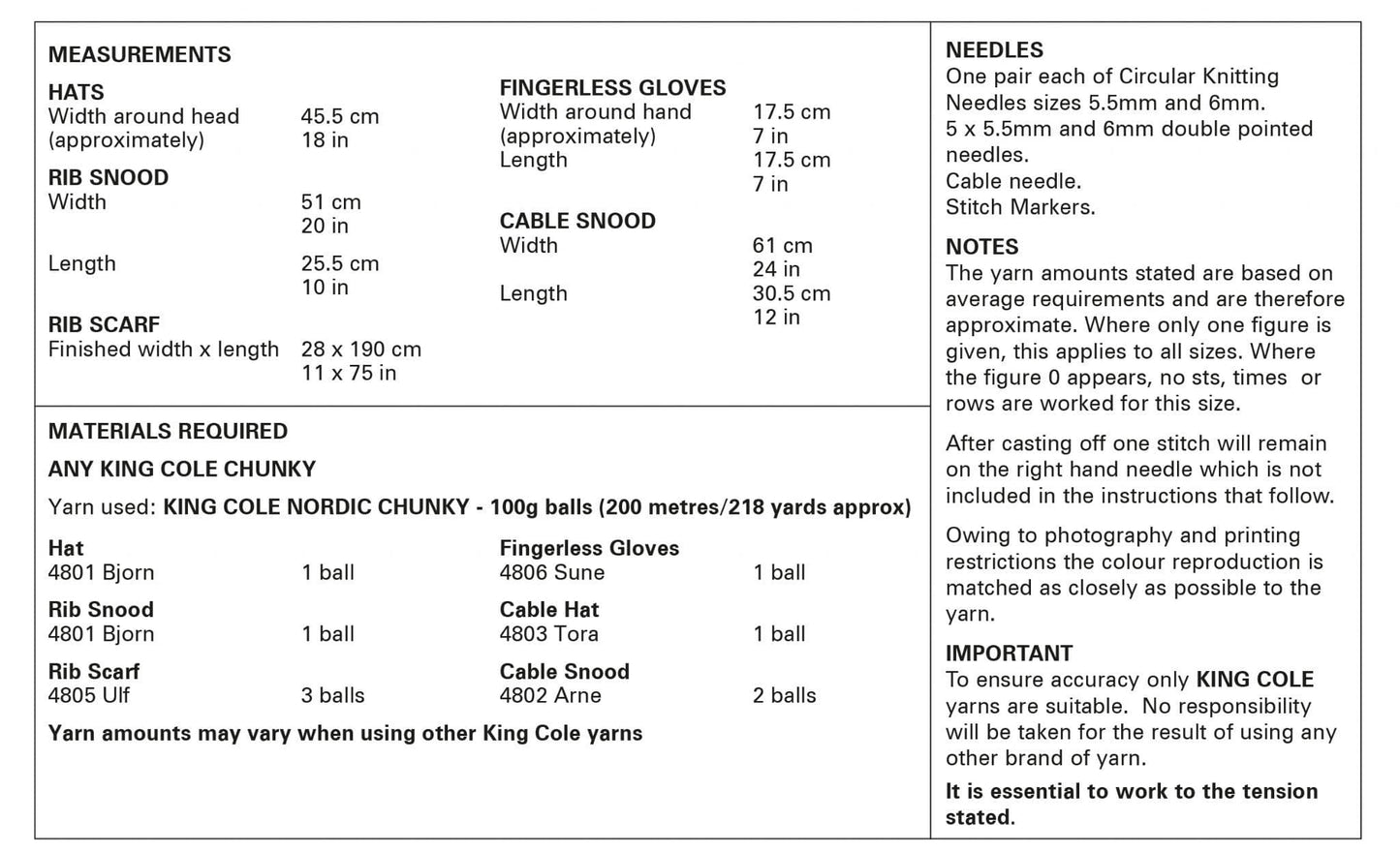 King Cole Chunky Knitting Pattern - 6113 Hats, Snoods, Scarf & Fingerless Gloves