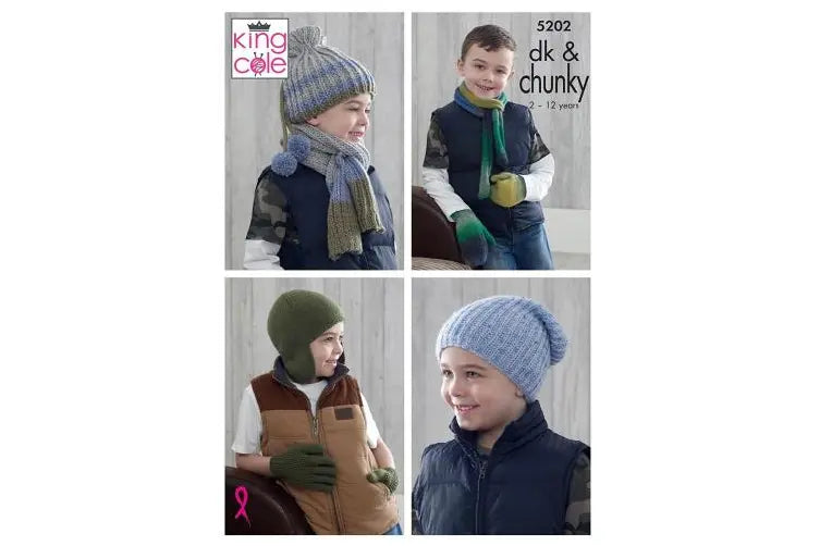 King Cole 5202 Childrens Hats Double Knit and Chunky Age 2-12 Years