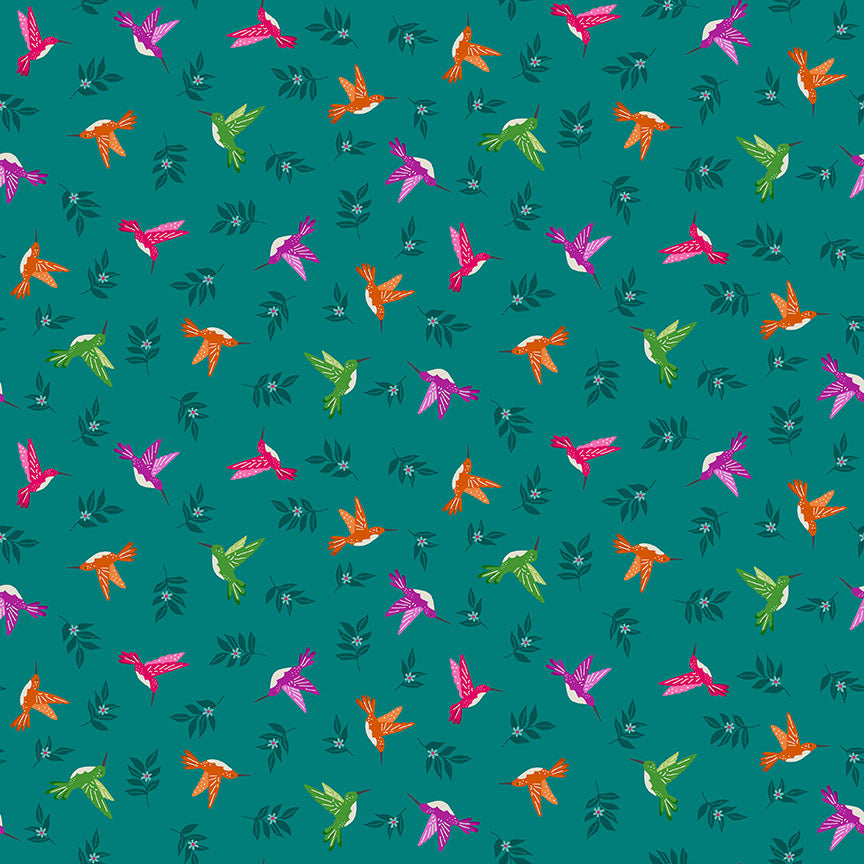 100% Cotton Hummingbird - Turquoise By Makower