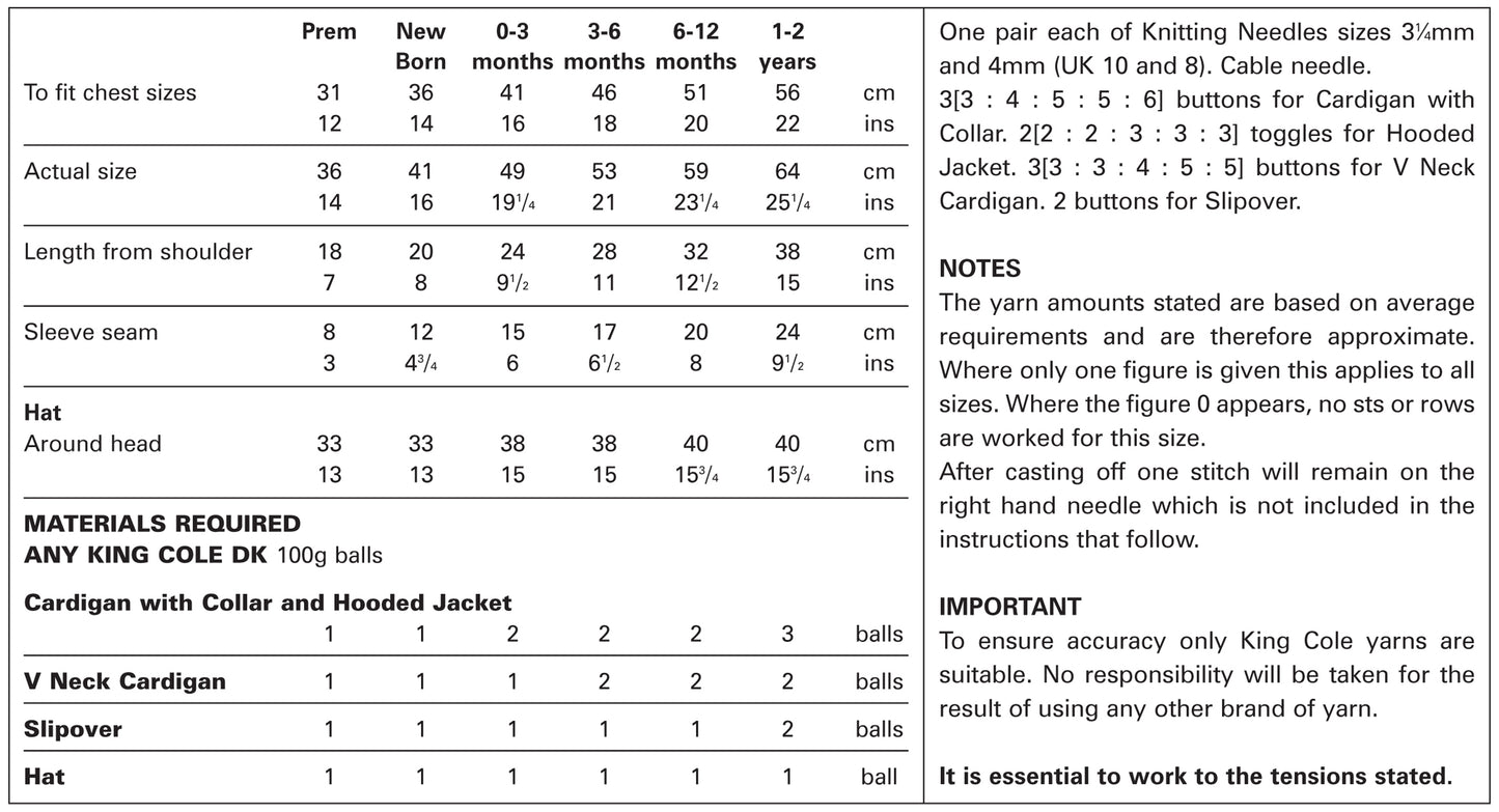 King Cole 2888 Cardigans, Jacket, Slipover and Hat  Includes Prem Size