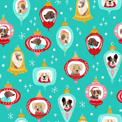 100% Cotton Dog Ornaments - Teal from the 'Furry and Bright Collection' By Makower