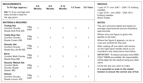 King Cole Hats up tp 5 yrs Chunky 3391