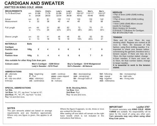 King Cole 3757 - Aran - Cardigan and Sweater for Adults and Children