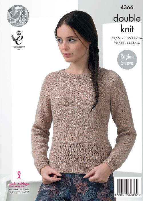 King Cole 4366 Ladies Raglan Sweater and Cardigan Double Knit