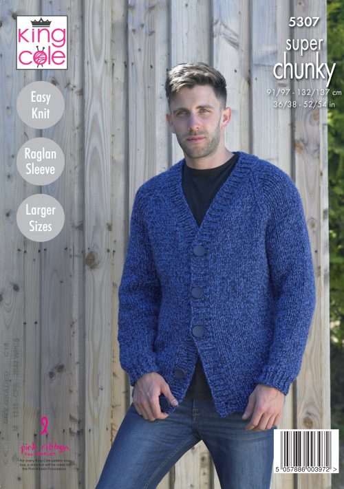 King Cole 5307 Mens Raglan Sleeved V- Neck Cardigan and Sweater - Super Chunky