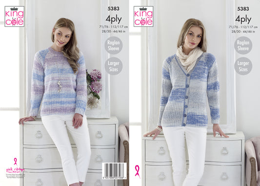 King Cole 5583 Cardigan and Sweater Pattern includes Larger Sizes