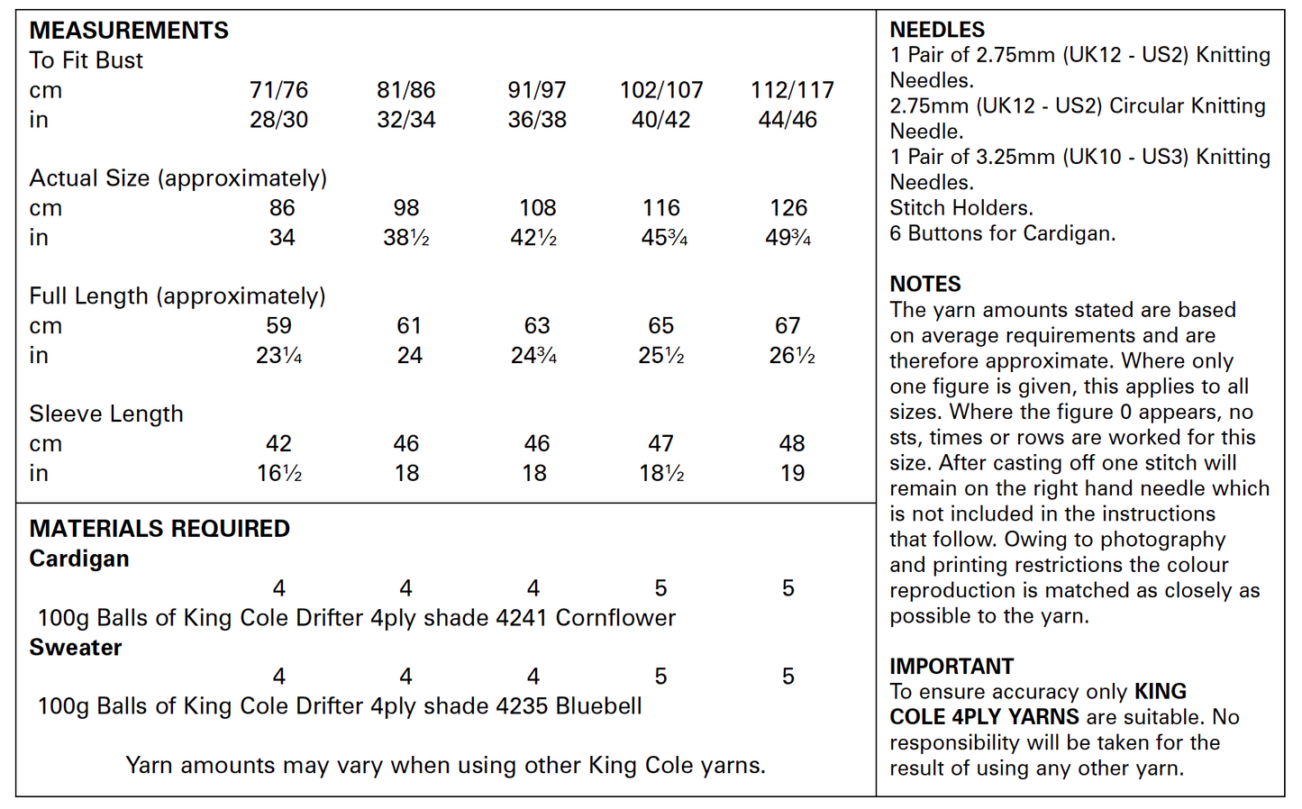 King Cole 5583 Cardigan and Sweater Pattern includes Larger Sizes