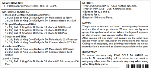 King Cole 5571 Dolls Clothes (16") Double knit