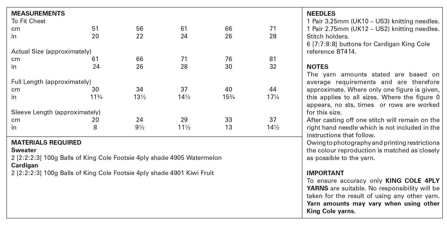 King Cole 5866 Childs Sweater and Cardigan Pattern