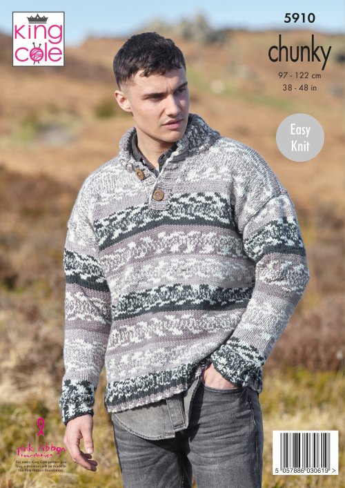 King Cole 5910 - Chunky - Men's Round and Stand-up Neck sweater Easy to Knit