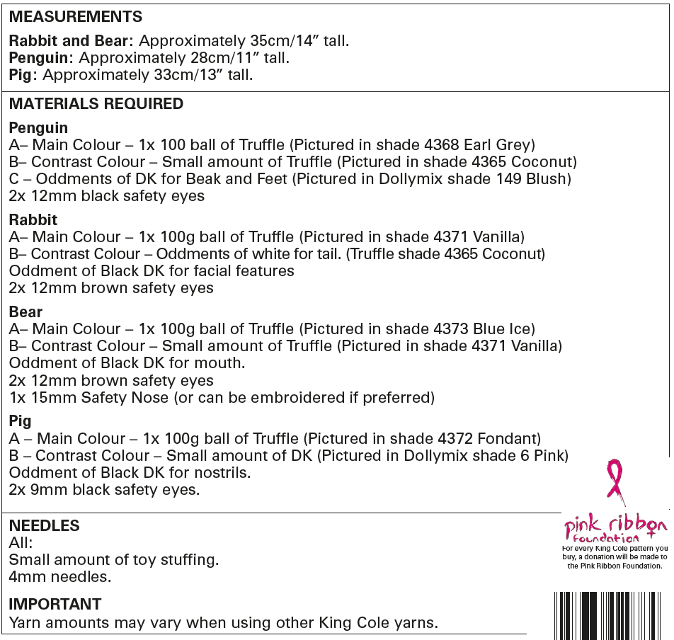 King Cole 9145 Flat Snuggle Toy Pattern