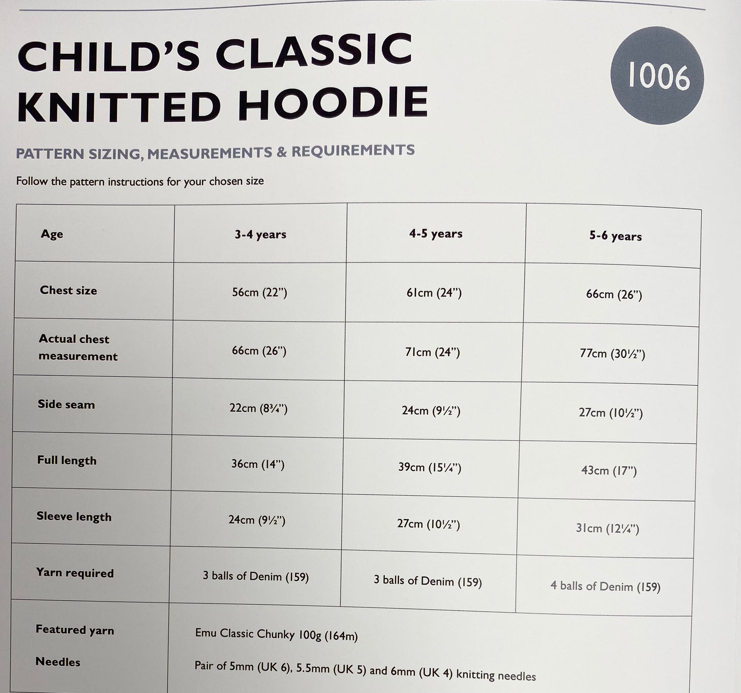 Emu Knitting Pattern Child's Classic Knitting Hoodie Chunky (1006)