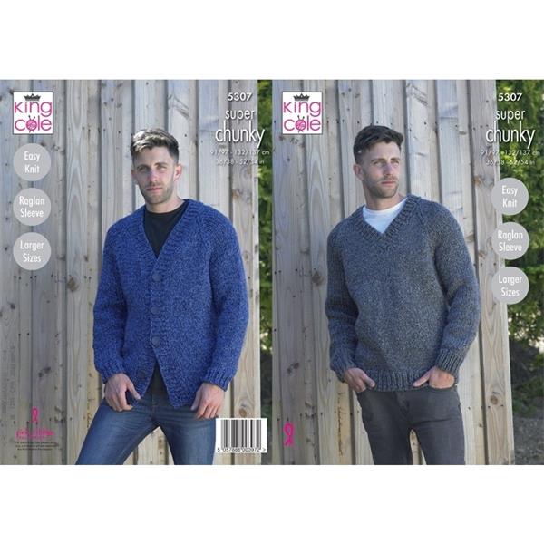 King Cole 5307 Mens Raglan Sleeved V- Neck Cardigan and Sweater - Super Chunky