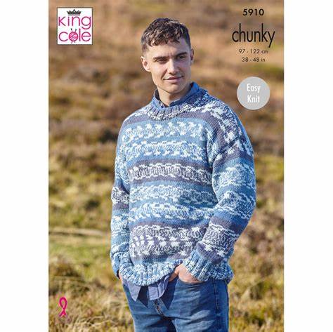 King Cole 5910 - Chunky - Men's Round and Stand-up Neck sweater Easy to Knit