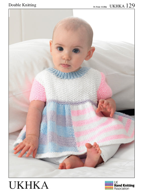 UKHKA 129 Knitting Pattern Babies Dress, Cardigan and Hat - Double Knit