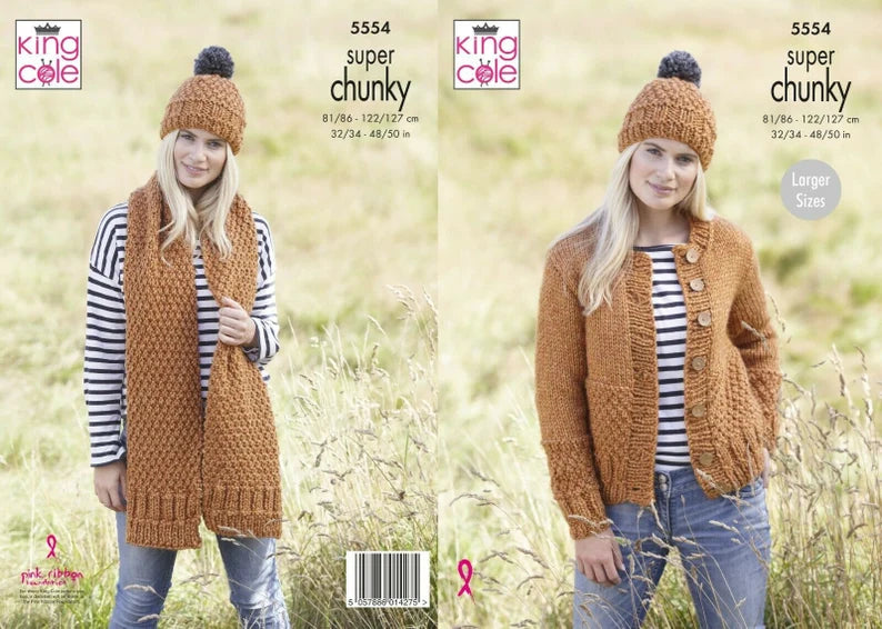 King Cole 5554 Cardigan ,Hat and Scarf - Super chunky