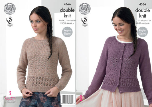 King Cole 4366 Ladies Raglan Sweater and Cardigan Double Knit